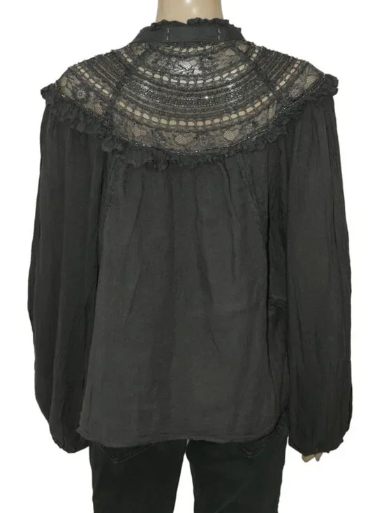 Anthropologie Lace Trim Beaded Button Long Sleeve Gray Ruffle Tunic Top L 12 - Picture 4 of 5